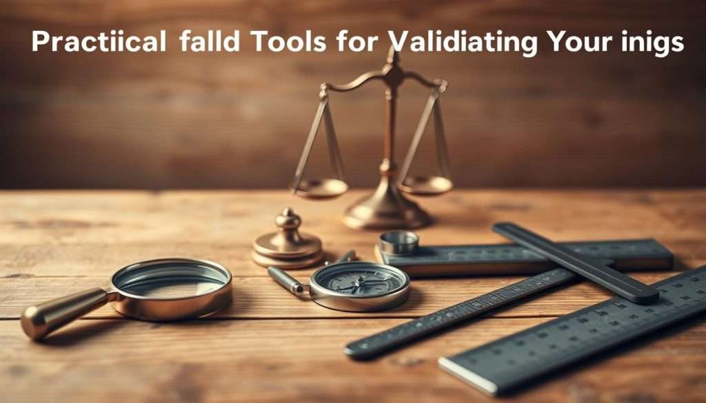Detailed diagram of critical thinking tools, including a magnifying glass, a pair of scales, a compass, and a ruler, arranged on a wooden surface with a warm, earthy lighting. The foreground showcases the tools in sharp focus, while the background features a blurred, neutral environment to emphasize the central elements. The overall scene conveys a sense of analysis, precision, and intellectual inquiry, reflecting the section's focus on "Practical Tools for Validating Your Knowledge".