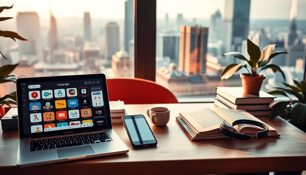 Elegant language learning platforms amid a vibrant, minimalist workspace. In the foreground, a laptop and smartphone display various learning apps and resources. The middle ground showcases a neatly organized desk with language textbooks, a cup of coffee, and a pair of headphones. The background features a large window overlooking a bustling cityscape, bathed in warm, natural light. The overall atmosphere is one of focused productivity and intellectual discovery, inspiring the pursuit of a new language.