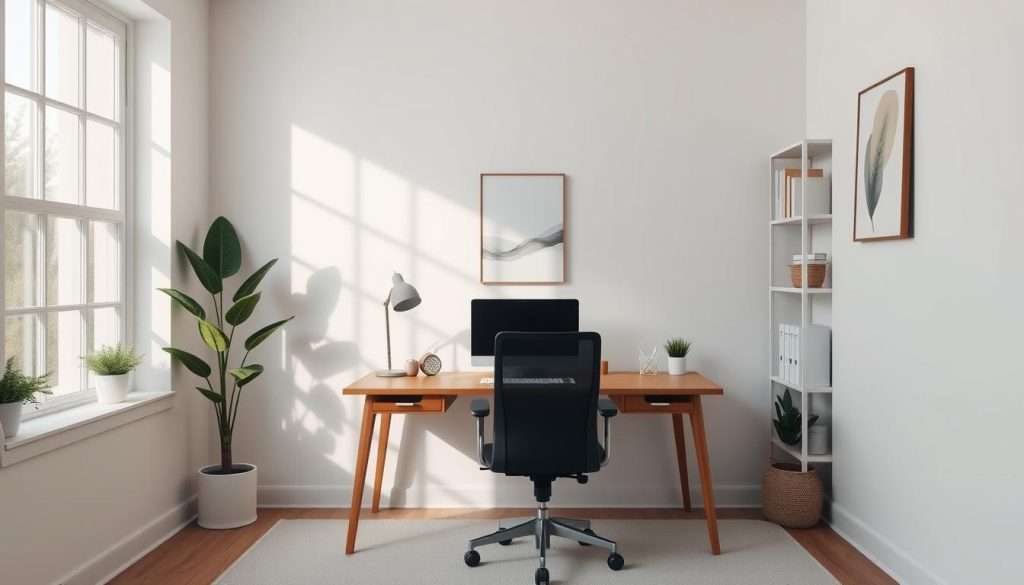 Minimalist home office with clean, distraction-free workspace. Soft natural light streams through large windows, illuminating a simple wooden desk and ergonomic chair. Walls are painted in a calming, neutral palette. Shelves hold only essential reference materials. Potted plants and a single piece of abstract wall art provide subtle visual interest. The overall atmosphere is one of serenity and focus, conducive to deep work and productivity.