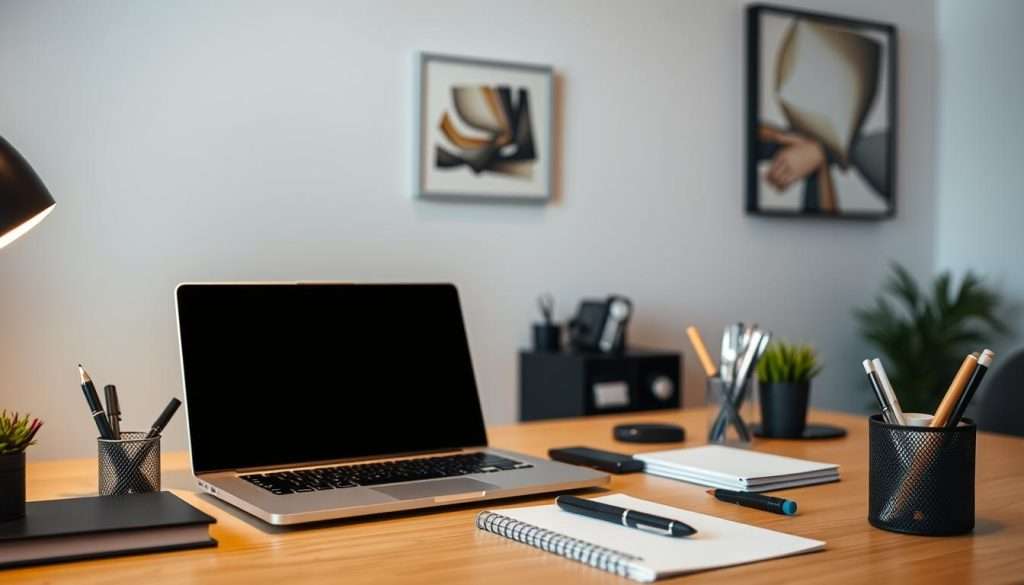 Productivity tips: a neatly organized desk with a laptop, notepad, and a few strategically placed office supplies. A warm, focused lighting illuminates the scene, creating a sense of calm and concentration. In the background, a minimalist wall with a single piece of abstract art adds a touch of sophistication. The overall composition conveys a professional, streamlined aesthetic that inspires productivity and efficiency.