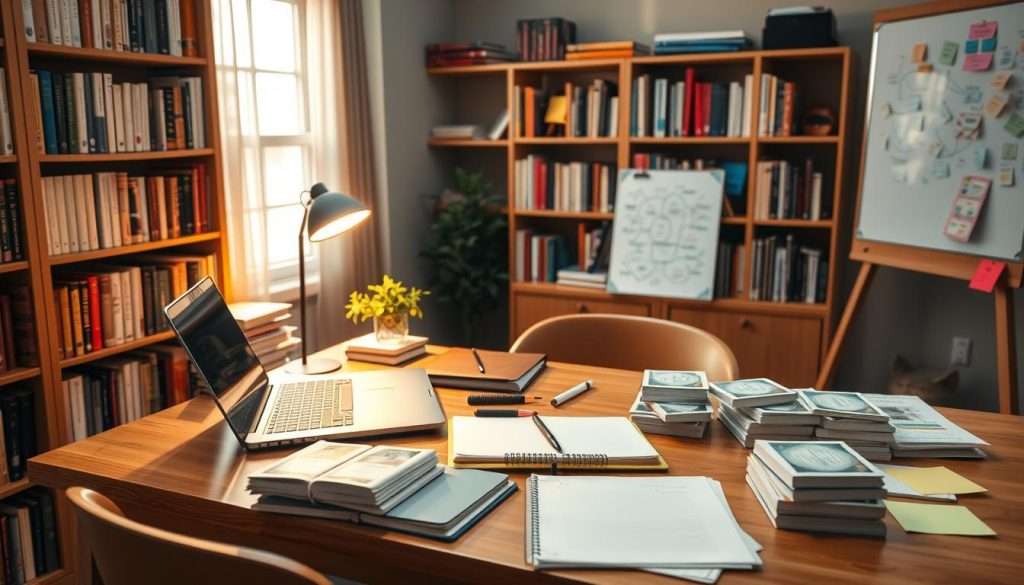 Warm, inviting study space with bookshelves, a desk, and various learning materials. On the desk, a laptop, a notebook, and stacks of flashcards, representing spaced practice. Surrounding the desk, complementary learning tools like mind maps, Post-it notes, and a whiteboard, symbolizing the integration of other techniques. Soft, natural lighting illuminates the scene, creating a serene and focused atmosphere. The composition emphasizes the harmony and synergy between spaced practice and diverse learning methods, inspiring a sense of productive and effective learning.