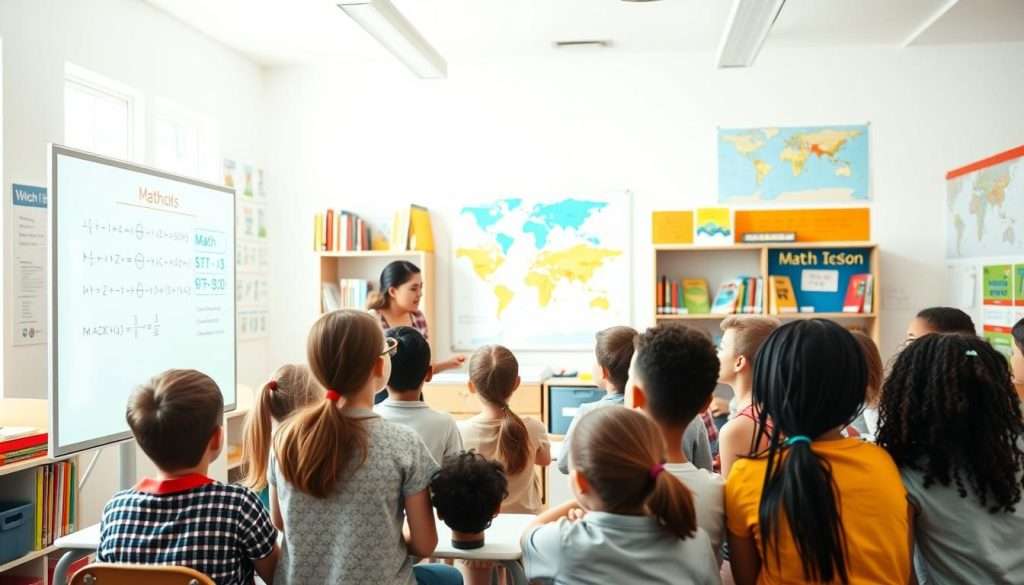 A bright, airy classroom filled with engaged students. In the foreground, a diverse group of young learners gathered around a large interactive whiteboard, absorbed in a collaborative math lesson. The middle ground features a teacher guiding the discussion, their face animated as they explain complex concepts using intuitive visuals. The background showcases an abundance of educational resources - shelves of math textbooks, colorful posters illustrating mathematical principles, and a world map highlighting the global nature of the subject. Warm, natural lighting floods the space, creating a welcoming, stimulating atmosphere conducive to mathematical exploration and discovery.
