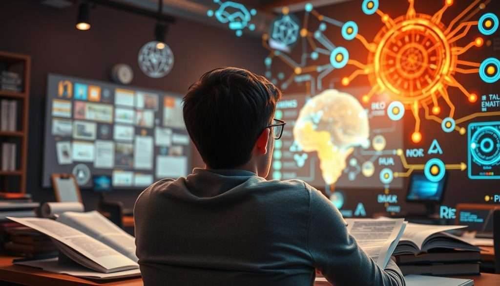 A bright, focused mind absorbing knowledge through various accelerated learning techniques. In the foreground, a person sitting at a desk, intently studying from books and digital devices. The middle ground features visual aids like mind maps, flashcards, and multimedia content projected onto a screen. The background depicts a futuristic, technology-infused learning environment with holographic displays, neural network diagrams, and glowing data streams. Warm, focused lighting illuminates the scene, creating a sense of productive concentration. Captured with a wide-angle lens to convey the comprehensive nature of accelerated learning. A bright, focused mind absorbing knowledge through various accelerated learning techniques. In the foreground, a person sitting at a desk, intently studying from books and digital devices. The middle ground features visual aids like mind maps, flashcards, and multimedia content projected onto a screen. The background depicts a futuristic, technology-infused learning environment with holographic displays, neural network diagrams, and glowing data streams. Warm, focused lighting illuminates the scene, creating a sense of productive concentration. Captured with a wide-angle lens to convey the comprehensive nature of accelerated learning.