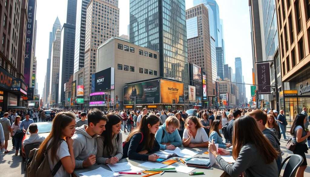 A bustling city street, lined with towering skyscrapers and bustling with activity. In the foreground, a group of students gathered around a table, engaged in lively discussions and calculations. Scattered among them, everyday objects like rulers, protractors, and graph paper, illustrating the real-world applications of mathematical concepts. Overhead, natural light filters through the urban landscape, casting a warm, inviting glow on the scene. The atmosphere is one of discovery and curiosity, as the students explore the ways in which math underpins the very fabric of the world around them.