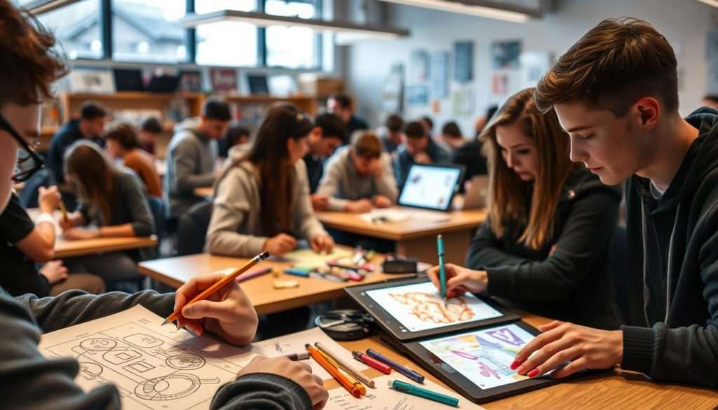 A bustling classroom filled with students engaged in diverse creative pursuits. In the foreground, a student sketches an intricate diagram, using a mechanical pencil to capture the intricacies of their subject matter. In the middle ground, a group collaborates, their heads bent over a table as they brainstorm ideas, surrounded by an array of colored markers and sticky notes. In the background, a student experiments with digital art, their fingers deftly manipulating a graphics tablet, the screen glowing with a vibrant, imaginative composition. Soft, warm lighting filters through the windows, creating a cozy, focused atmosphere. The scene conveys a sense of exploration, problem-solving, and the joy of subject-specific creative expression. A bustling classroom filled with students engaged in diverse creative pursuits. In the foreground, a student sketches an intricate diagram, using a mechanical pencil to capture the intricacies of their subject matter. In the middle ground, a group collaborates, their heads bent over a table as they brainstorm ideas, surrounded by an array of colored markers and sticky notes. In the background, a student experiments with digital art, their fingers deftly manipulating a graphics tablet, the screen glowing with a vibrant, imaginative composition. Soft, warm lighting filters through the windows, creating a cozy, focused atmosphere. The scene conveys a sense of exploration, problem-solving, and the joy of subject-specific creative expression.