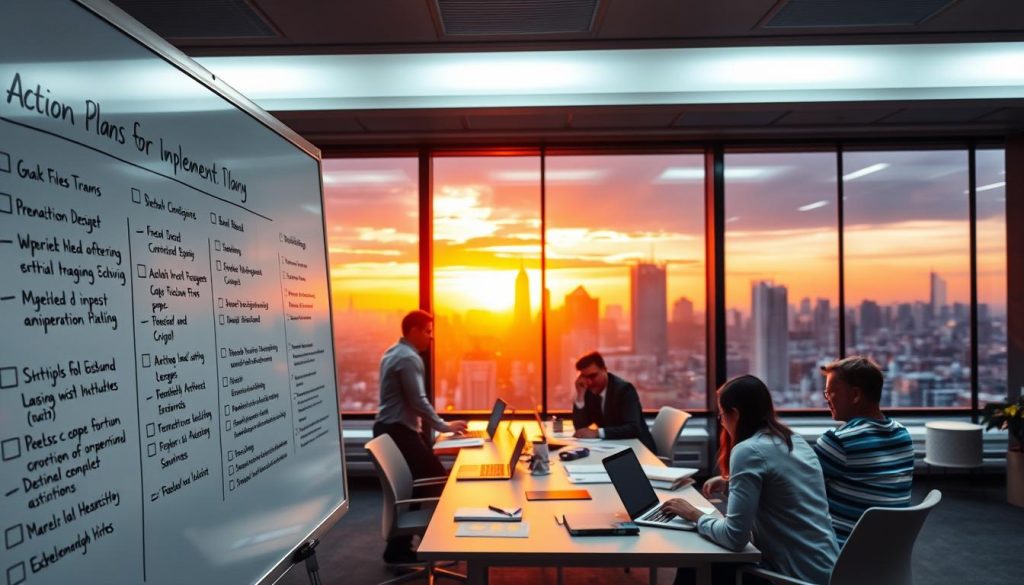 A bustling office scene with a whiteboard in the foreground displaying a detailed action plan, complete with goals, steps, and timelines. In the middle ground, professionals collaborating at a conference table, papers and laptops spread out as they discuss implementation strategies. The background features large windows overlooking a vibrant city skyline, the warm glow of the sunset casting a dynamic, productive atmosphere. The lighting is a mix of natural and bright, energetic overhead fixtures, creating a sense of focus and determination. The camera angle is slightly elevated, providing an overall perspective that conveys a sense of progress and forward momentum. A bustling office scene with a whiteboard in the foreground displaying a detailed action plan, complete with goals, steps, and timelines. In the middle ground, professionals collaborating at a conference table, papers and laptops spread out as they discuss implementation strategies. The background features large windows overlooking a vibrant city skyline, the warm glow of the sunset casting a dynamic, productive atmosphere. The lighting is a mix of natural and bright, energetic overhead fixtures, creating a sense of focus and determination. The camera angle is slightly elevated, providing an overall perspective that conveys a sense of progress and forward momentum.