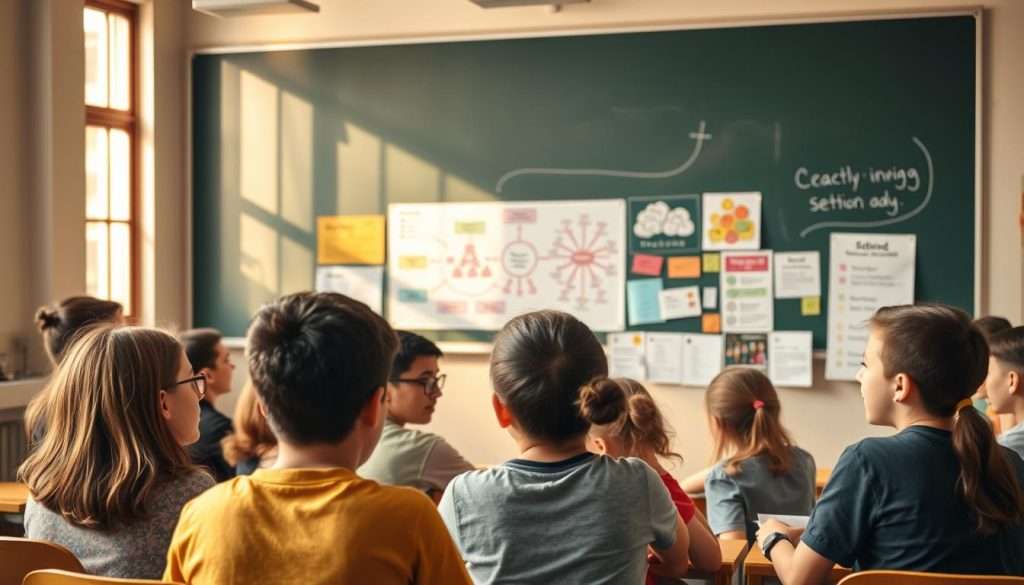 A classroom setting with a chalkboard in the background, illuminated by warm, natural lighting filtering through large windows. In the foreground, a group of students engages in active discussions, their expressions animated as they share ideas and insights. The middle ground features various learning aids, such as colorful diagrams, mind maps, and interactive models, all designed to facilitate effective and engaging learning. The overall atmosphere conveys a sense of collaborative, inquiry-based learning, where students are empowered to explore, discover, and apply cognitive strategies for optimal knowledge retention and application.