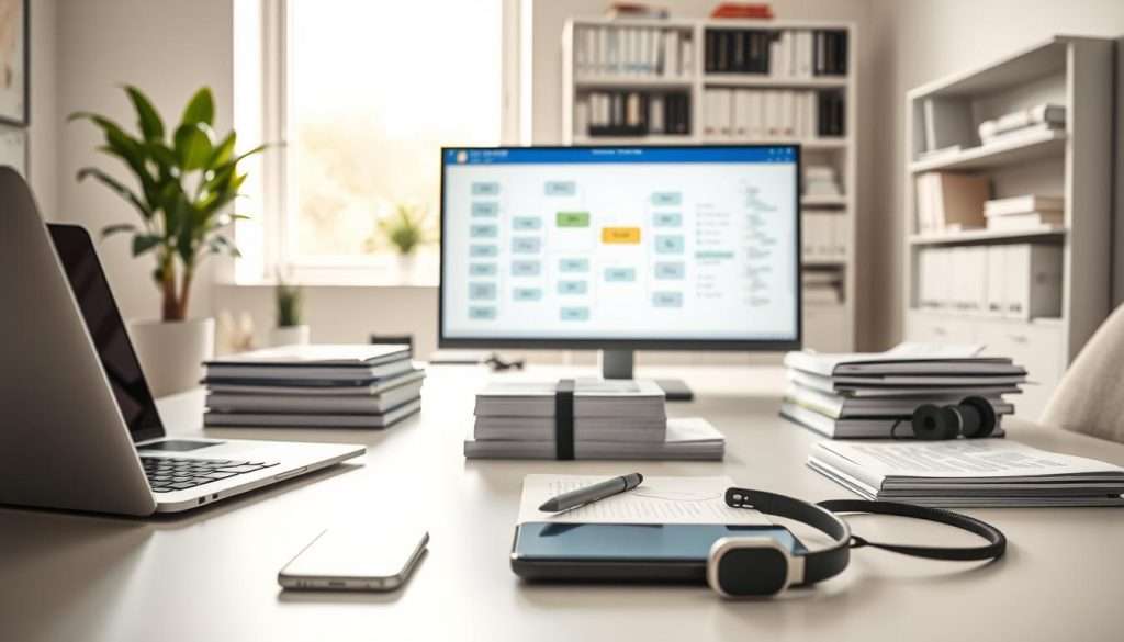 A clean, minimalist office setting with a sleek, modern desk showcasing an array of knowledge management tools. In the foreground, a laptop, a smartphone, and a stylus pen lie neatly arranged, surrounded by stacks of digital notepads and a pair of wireless headphones. The middle ground features a large, high-resolution monitor displaying a mind map or a knowledge management software interface. In the background, shelves filled with reference books and a potted plant create a sense of productivity and organization. Soft, directional lighting from a window casts a warm glow, enhancing the professional and efficient atmosphere.