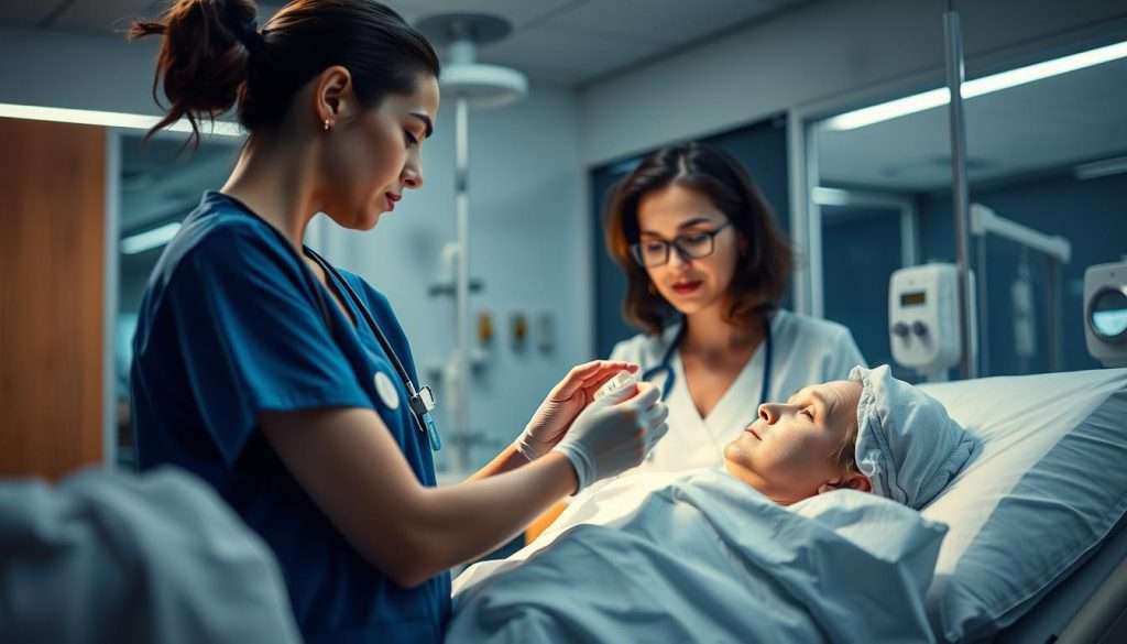 A clinical nursing scenario in a modern hospital setting. In the foreground, a nursing student carefully administers medication to a patient lying in a hospital bed, their expression one of focused concentration. In the middle ground, an experienced nurse observes the student's technique, providing guidance and support. The background depicts a well-lit, sterile hospital ward with gleaming medical equipment, reflecting the high-tech, professional environment of healthcare. Soft, even lighting illuminates the scene, creating a sense of calm and competence. The overall mood conveys the Dreyfus model's progression from novice to expert, with the student nurse developing their skills under the supervision of a more experienced practitioner. A clinical nursing scenario in a modern hospital setting. In the foreground, a nursing student carefully administers medication to a patient lying in a hospital bed, their expression one of focused concentration. In the middle ground, an experienced nurse observes the student's technique, providing guidance and support. The background depicts a well-lit, sterile hospital ward with gleaming medical equipment, reflecting the high-tech, professional environment of healthcare. Soft, even lighting illuminates the scene, creating a sense of calm and competence. The overall mood conveys the Dreyfus model's progression from novice to expert, with the student nurse developing their skills under the supervision of a more experienced practitioner.