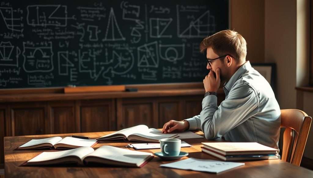 A contemplative figure sitting at a wooden desk, lost in deep thought. The desktop is scattered with open books, scribbled notes, and a cup of steaming coffee. Soft natural light filters in through a nearby window, casting a warm glow on the scene. In the background, a chalkboard covered in complex diagrams and equations, hinting at the academic nature of the subject matter. The overall atmosphere is one of focused concentration and intellectual pursuit, reflecting the "Critical Thinking and Deep Learning Approaches" theme. A contemplative figure sitting at a wooden desk, lost in deep thought. The desktop is scattered with open books, scribbled notes, and a cup of steaming coffee. Soft natural light filters in through a nearby window, casting a warm glow on the scene. In the background, a chalkboard covered in complex diagrams and equations, hinting at the academic nature of the subject matter. The overall atmosphere is one of focused concentration and intellectual pursuit, reflecting the "Critical Thinking and Deep Learning Approaches" theme.