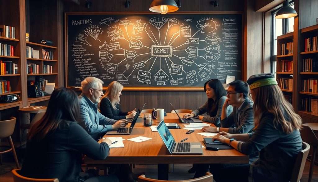 A cozy cafe setting, with a group of diverse individuals engaged in lively discussion. In the foreground, people are gathered around a long, wooden table, laptops open and papers scattered, deep in conversation. The middle ground features a chalkboard wall with a mind map of interconnected topics, representing the exchange of ideas. The background showcases a warm, ambient lighting, with bookshelves lining the walls, suggesting a nurturing environment for intellectual growth. The overall atmosphere is one of collaborative learning, fostering a sense of community and shared discovery.