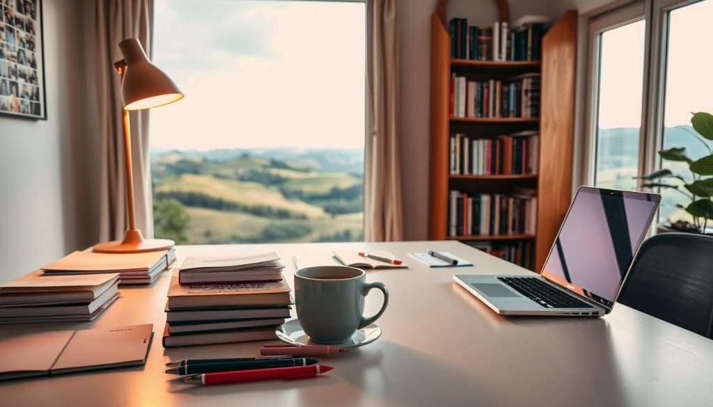 A cozy home office with a large desk, a warm desk lamp, and a neatly organized array of notebooks, pens, and a laptop. In the background, a bookshelf filled with various subjects, representing the diverse interests of a self-learner. Through the window, a serene landscape with rolling hills and a clear sky, suggesting a tranquil environment conducive to focused study. The lighting is soft and diffused, creating a calming atmosphere. A cup of steaming tea or coffee sits within reach, symbolizing the dedication and focus of the self-learner. The overall scene conveys a sense of balance, productivity, and the joy of continuous learning.