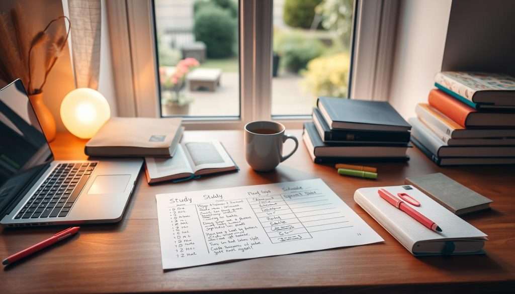 A cozy study nook with a wooden desk, a laptop, and a stack of textbooks. Soft, warm lighting casts a gentle glow over a detailed study schedule, neatly handwritten on crisp, white paper. Planners, highlighters, and a steaming mug of tea sit nearby, creating a productive yet inviting atmosphere. The background features a large window overlooking a peaceful garden, offering a calming contrast to the focused work at hand. The overall scene conveys a sense of organization, discipline, and the perfect balance between study and self-care.