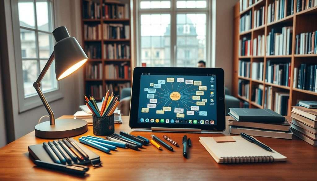A cozy study nook with an array of mind mapping tools and apps artfully arranged on a wooden desk. Warm lighting from a desk lamp casts a soft glow, illuminating a digital tablet displaying a colorful mind map, surrounded by a variety of markers, sticky notes, and a sketchpad. In the background, bookshelves filled with academic titles create a scholarly atmosphere, while a large window allows natural light to filter in, evoking a sense of focus and productivity. The overall scene showcases the versatility and utility of modern mind mapping solutions for studious students.