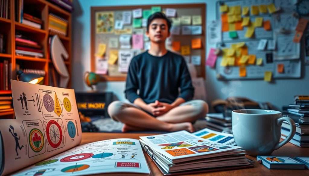 A cozy study space filled with vibrant imagery, representing various memory-boosting techniques. In the foreground, an open book with colorful diagrams and mnemonics. Beside it, a set of flash cards and a cup of steaming tea. In the middle ground, a person sitting cross-legged, eyes closed, practicing mindful meditation. Behind them, a bulletin board covered in sticky notes and mind maps, illuminated by soft, warm lighting. The overall atmosphere is one of focused calm and intellectual engagement, inspiring the viewer to dive into effective study strategies.