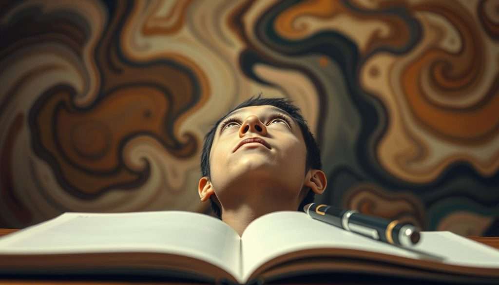 A curious mind gazes upward, eyes alight with wonder, against a backdrop of swirling abstract shapes and patterns. Soft, diffused lighting casts a warm, contemplative glow, inviting the viewer to pause and ponder. In the foreground, a pen and notebook lie open, signifying the act of learning and discovery. The composition is balanced, drawing the eye to the central figure, whose posture and expression convey a sense of openness, curiosity, and intellectual engagement. The overall mood is one of introspection, imagination, and the pursuit of knowledge.