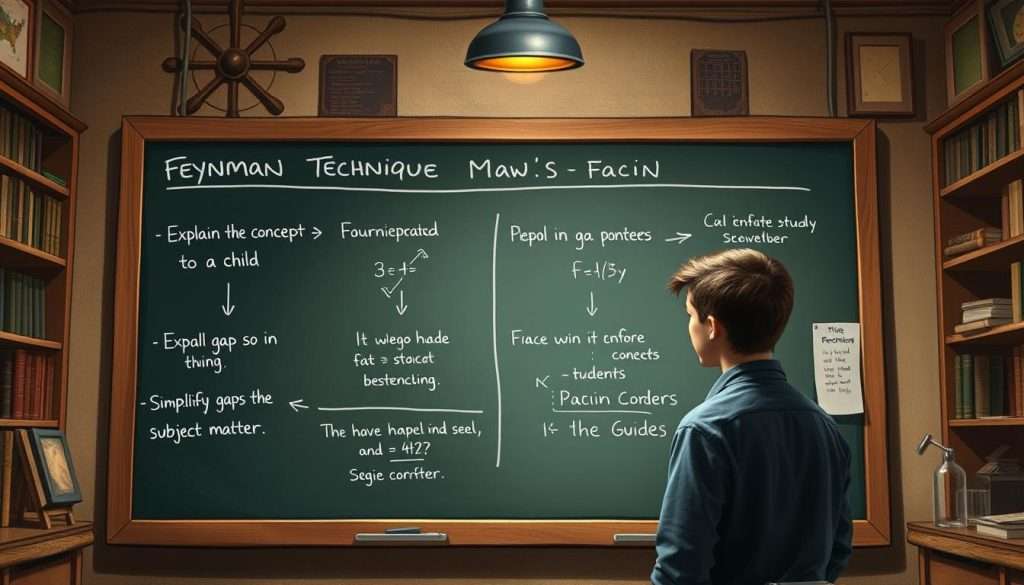 A detailed illustration of the Feynman Technique, a renowned study method for mastering complex subjects. In the foreground, a chalkboard displays a step-by-step visual breakdown of the technique's core principles: explaining the concept to a child, identifying gaps in understanding, and simplifying the subject matter. In the middle ground, a pensive figure, presumably the student, contemplates the chalkboard's contents under the warm, diffused lighting of a study space. The background showcases a rich, textured environment, with bookshelves, scientific equipment, and a sense of intellectual curiosity. The overall scene conveys the power of the Feynman Technique to conquer complex material through a systematic, thoughtful approach. A detailed illustration of the Feynman Technique, a renowned study method for mastering complex subjects. In the foreground, a chalkboard displays a step-by-step visual breakdown of the technique's core principles: explaining the concept to a child, identifying gaps in understanding, and simplifying the subject matter. In the middle ground, a pensive figure, presumably the student, contemplates the chalkboard's contents under the warm, diffused lighting of a study space. The background showcases a rich, textured environment, with bookshelves, scientific equipment, and a sense of intellectual curiosity. The overall scene conveys the power of the Feynman Technique to conquer complex material through a systematic, thoughtful approach.