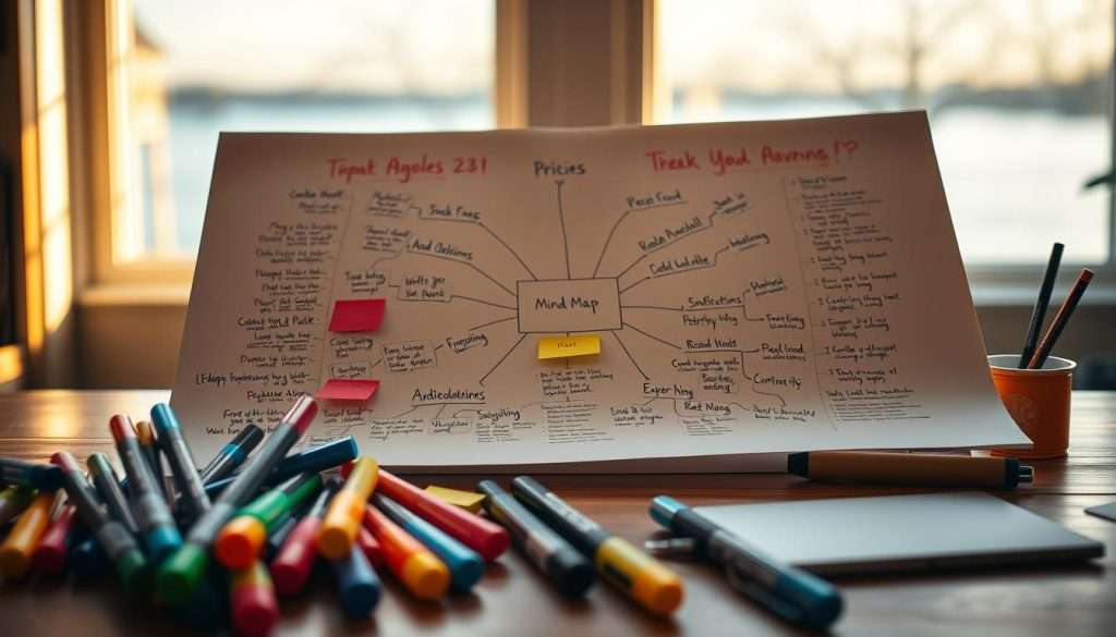 A detailed mind map on a wooden desk, illuminated by warm natural lighting. The foreground showcases various colored markers, highlighters, and sticky notes, suggesting an active brainstorming session. The middle ground features the mind map itself, with a central topic surrounded by interconnected branches, each containing hand-drawn icons and concise text. The background depicts a peaceful, out-of-focus view through a window, hinting at the calm and focused environment conducive to academic success. A detailed mind map on a wooden desk, illuminated by warm natural lighting. The foreground showcases various colored markers, highlighters, and sticky notes, suggesting an active brainstorming session. The middle ground features the mind map itself, with a central topic surrounded by interconnected branches, each containing hand-drawn icons and concise text. The background depicts a peaceful, out-of-focus view through a window, hinting at the calm and focused environment conducive to academic success.