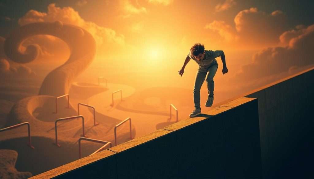 A determined person navigating through a maze of obstacles, representing the challenges of learning and self-improvement. In the foreground, the figure is climbing over a wall, face set with resolve. In the middle ground, various hurdles and barriers litter the path, each one a unique learning obstacle. The background is a surreal, dreamlike landscape, with twisting pathways and abstract, geometric shapes that symbolize the complexities of the learning process. Warm, directional lighting illuminates the scene, creating a sense of hope and progress amidst the difficulties. The overall atmosphere conveys the perseverance and growth that comes from overcoming learning plateaus.