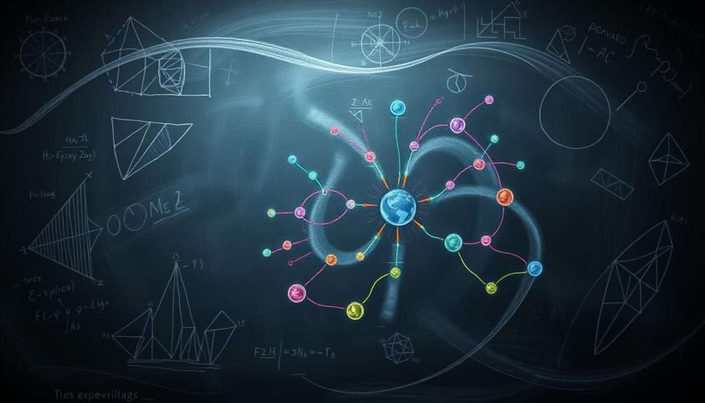A dimly lit chalkboard backdrop, the surface textured with chalk dust and faint outlines of mathematical equations, geometric shapes, and scientific diagrams. In the foreground, a hand-drawn doodle of an intricate mind map unfolds, with vibrant colors and organic, flowing lines connecting various concepts and ideas. The doodle's elements seem to come alive, pulsing with energy and depth, as if the viewer could reach in and trace the connections. Soft, dramatic lighting casts dramatic shadows, emphasizing the depth and complexity of the visualized concepts. The overall mood is one of contemplation and intellectual curiosity, inviting the viewer to engage with the subject matter on a deeper level.