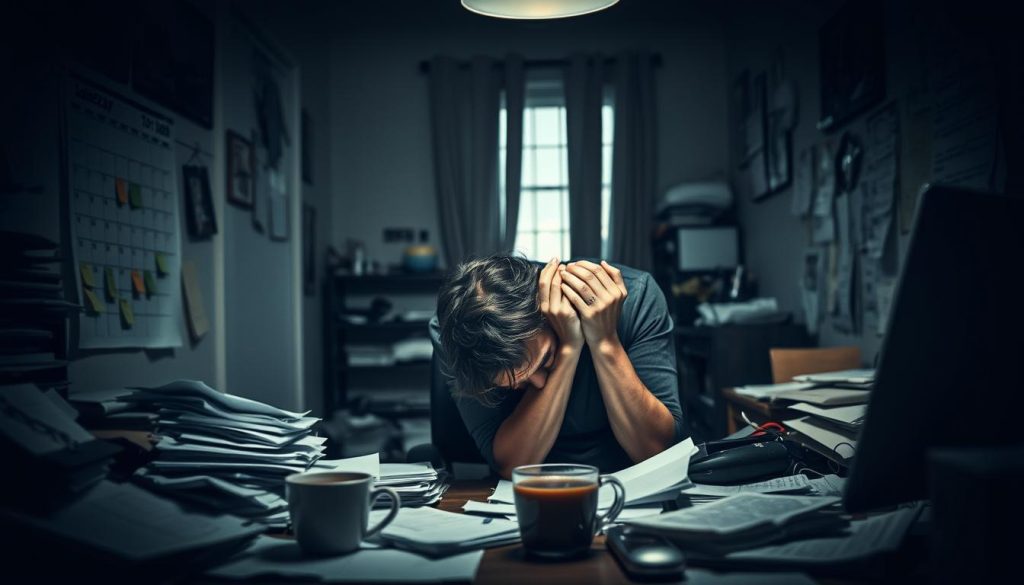 A dimly lit, cluttered home office. In the foreground, a person sits hunched over a desk, head in hands, eyes strained and weary. The desk is strewn with scattered papers, half-finished tasks, and a forgotten cup of cold coffee. The person's expression conveys a sense of overwhelming anxiety and despair. In the middle ground, the walls are adorned with a tattered calendar, sticky notes, and unfinished to-do lists, hinting at the constant pressure of unmet deadlines and responsibilities. The lighting is harsh and unforgiving, casting deep shadows that accentuate the person's isolation and the heaviness of the atmosphere. The background is blurred, suggesting a detachment from the outside world, with only the faint outline of a window visible, hinting at the passage of time and the opportunities missed due to the grip of procrastination. The overall scene evokes a sense of entrapment, mental exhaustion, and the deteriorating impact of chronic delay on one's well-being. A dimly lit, cluttered home office. In the foreground, a person sits hunched over a desk, head in hands, eyes strained and weary. The desk is strewn with scattered papers, half-finished tasks, and a forgotten cup of cold coffee. The person's expression conveys a sense of overwhelming anxiety and despair. In the middle ground, the walls are adorned with a tattered calendar, sticky notes, and unfinished to-do lists, hinting at the constant pressure of unmet deadlines and responsibilities. The lighting is harsh and unforgiving, casting deep shadows that accentuate the person's isolation and the heaviness of the atmosphere. The background is blurred, suggesting a detachment from the outside world, with only the faint outline of a window visible, hinting at the passage of time and the opportunities missed due to the grip of procrastination. The overall scene evokes a sense of entrapment, mental exhaustion, and the deteriorating impact of chronic delay on one's well-being.