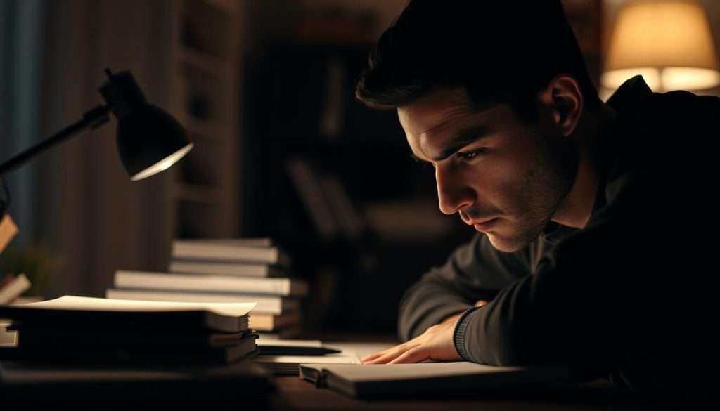 A dimly lit home office, with a focused individual engrossed in intense study. On the desk, an array of books, notes, and a laptop, illuminated by the soft glow of a task lamp. The person's expression is one of deep concentration, their brow furrowed as they meticulously review the information before them. The background is blurred, creating a sense of isolation and single-minded determination. The lighting casts dramatic shadows, adding depth and emphasizing the subject's dedication to the process of deliberate practice. A sense of calm and discipline permeates the scene, reflecting the individual's commitment to mastering their craft.
