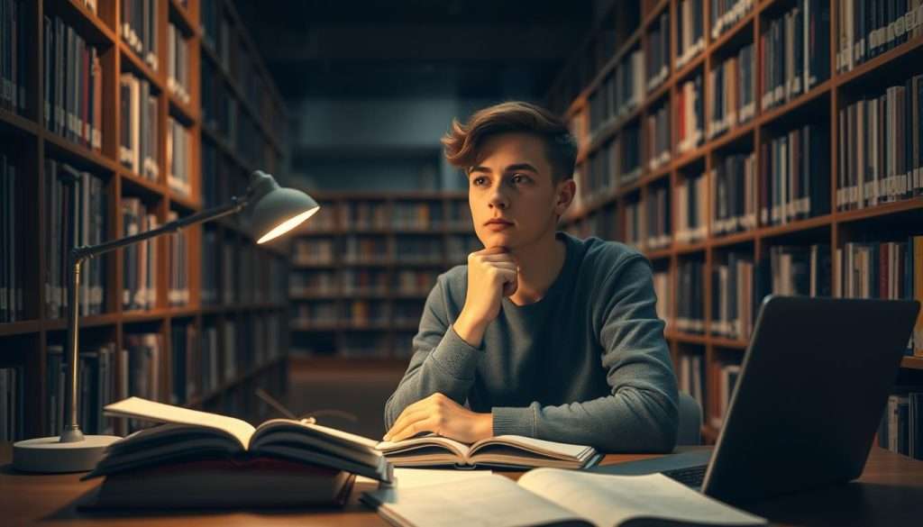 A dimly lit library interior, with rows of bookshelves in the background. In the foreground, a focused student sits at a wooden desk, surrounded by open textbooks, notes, and a laptop. Their expression is contemplative, as they seem to be engaged in a metacognitive process - reflecting on their learning strategies and adjusting their approach. Soft, warm lighting from a desk lamp illuminates the scene, creating a cozy, studious atmosphere. The overall composition emphasizes the importance of self-awareness and active engagement in one's academic journey towards excellence. A dimly lit library interior, with rows of bookshelves in the background. In the foreground, a focused student sits at a wooden desk, surrounded by open textbooks, notes, and a laptop. Their expression is contemplative, as they seem to be engaged in a metacognitive process - reflecting on their learning strategies and adjusting their approach. Soft, warm lighting from a desk lamp illuminates the scene, creating a cozy, studious atmosphere. The overall composition emphasizes the importance of self-awareness and active engagement in one's academic journey towards excellence.