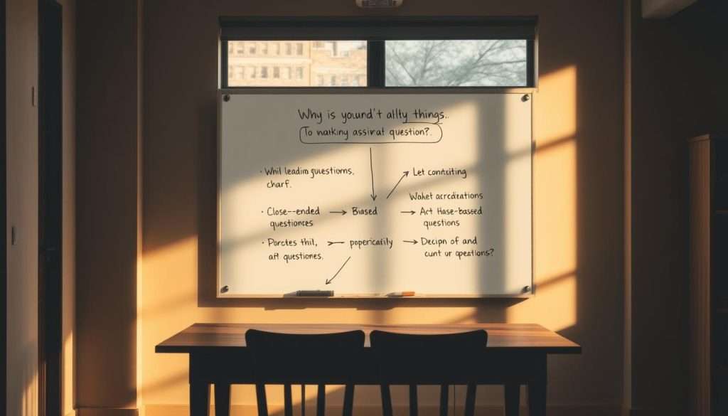 A dimly lit office interior, with a wooden desk and chairs in the foreground. Behind the desk, a whiteboard displays a diagram illustrating common pitfalls to avoid when asking questions, such as leading questions, close-ended questions, and biased questions. The lighting is warm and focused, creating a thoughtful, contemplative atmosphere. A window in the background provides natural light, casting soft shadows across the scene. The overall composition suggests a space for effective communication and learning.