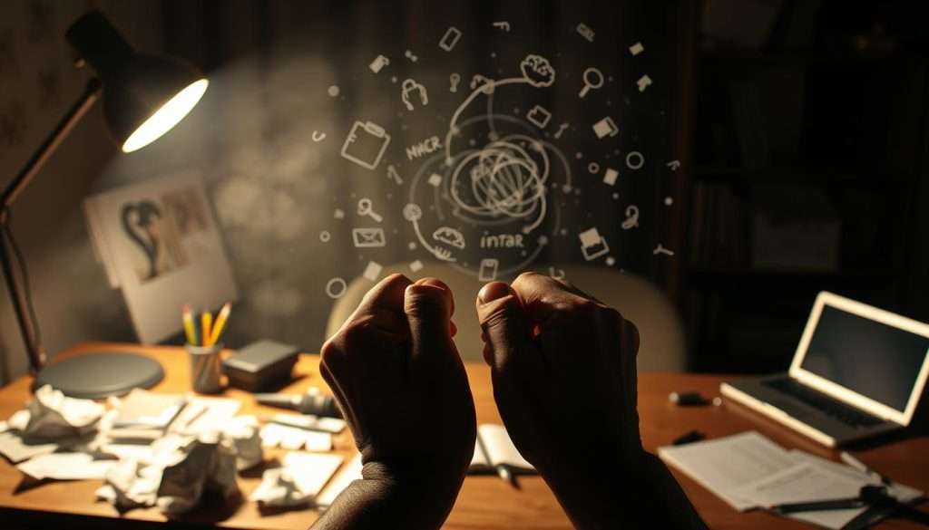 A dimly lit room, with a desk illuminated by a warm, focused light. On the desk, a jumble of crumpled paper, pens, and a laptop. In the foreground, a person's hands, clenched in frustration, surrounded by a swirling vortex of thoughts and ideas. The background is hazy, representing the inner turmoil and mental blocks. The lighting is dramatic, casting deep shadows and highlighting the intensity of the moment. The mood is one of tension and struggle, but also the determination to overcome the creative obstacle. A dimly lit room, with a desk illuminated by a warm, focused light. On the desk, a jumble of crumpled paper, pens, and a laptop. In the foreground, a person's hands, clenched in frustration, surrounded by a swirling vortex of thoughts and ideas. The background is hazy, representing the inner turmoil and mental blocks. The lighting is dramatic, casting deep shadows and highlighting the intensity of the moment. The mood is one of tension and struggle, but also the determination to overcome the creative obstacle.