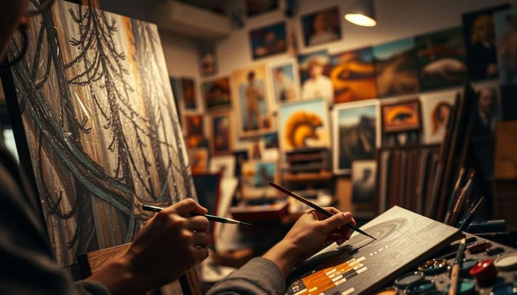 A dimly lit studio, with a skilled artist meticulously working on a complex painting. The foreground showcases their hands, wielding paintbrushes with precision and confidence, as they bring the canvas to life. In the middle ground, an array of art supplies - palettes, paints, and various tools - hints at the deep well of knowledge and experience underpinning their craft. The background reveals a space filled with inspiring works, a testament to the artist's mastery and the journey they have undertaken. Warm, diffused lighting casts a contemplative mood, evoking a sense of focus, dedication, and the pursuit of perfection.