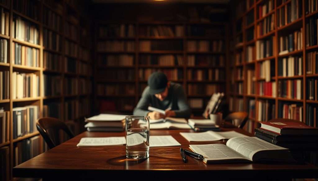 A dimly lit study, bookshelves lining the walls, casting warm shadows. In the center, a person sits at a wooden desk, deep in contemplation, surrounded by scattered notes and reference materials. Soft, diffused light illuminates the scene, creating an atmosphere of quiet focus and intellectual exploration. In the foreground, a glass of water and a pen rest on the desk, subtly suggesting the tools of the memory trade. The background blurs into a hazy, dreamlike quality, evoking the inward journey of the mind as it grapples with the mechanisms of retaining knowledge.