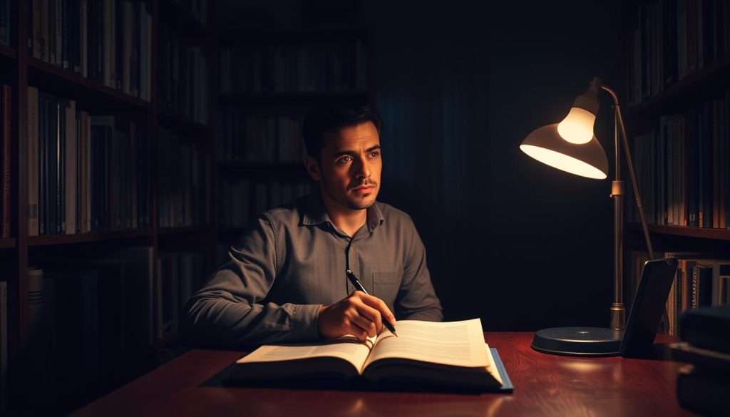 A dimly lit study room, bookshelves lining the walls, a single desk illuminated by a warm desk lamp. On the desk, an open book, a pen, and a thoughtful expression etched on the face of a person deeply immersed in their study. The lighting casts a soft, introspective glow, reflecting the psychological process of expertise acquisition - the gradual, contemplative journey from novice to master. The atmosphere is one of focus, dedication, and the quiet pursuit of knowledge.