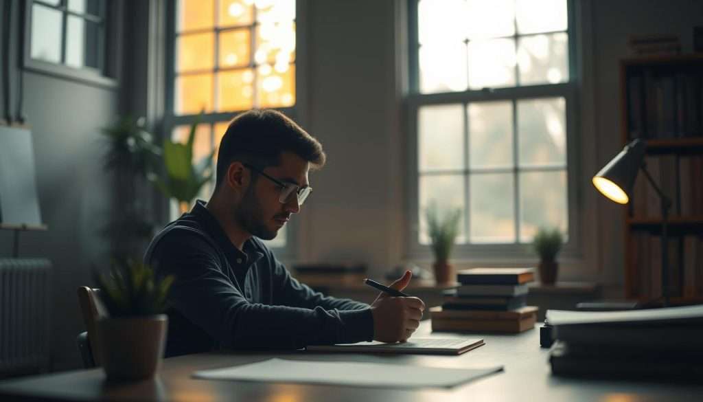 A dimly lit study room, warm lighting filters through large windows. In the foreground, a person sits at a desk, deeply engrossed in a complex mental exercise, brow furrowed in concentration. Surrounding them, the room is sparse, with minimal distractions - a potted plant, a stack of books, a simple desk lamp. The background is blurred, suggesting a tranquil, meditative atmosphere, conducive to focused cognitive training. The overall scene evokes a sense of tranquility and mental discipline, highlighting the importance of developing mental focus through dedicated practice.