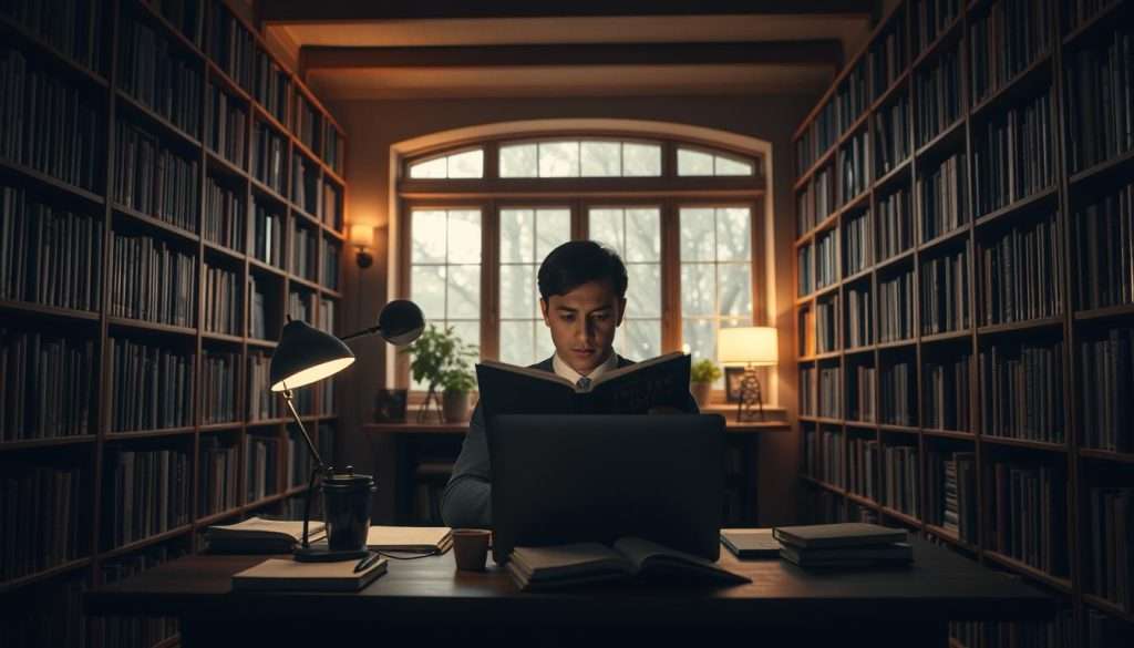 A dimly lit study room with wooden bookshelves lining the walls. In the center, a person sits at a desk, deeply engaged in a book, surrounded by various learning tools - a laptop, a pen, and a notebook. The room has a warm, contemplative atmosphere, with a desk lamp casting a soft glow, and a large window in the background, allowing natural light to filter in. The person's expression is one of focused concentration, symbolizing the introspective nature of metacognitive techniques. The overall scene conveys a sense of intellectual exploration and the power of self-reflection in the learning process.