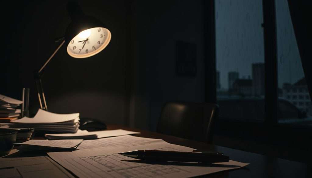 A dimly lit workspace with a desk, lamp, and scattered papers. In the foreground, a pen hovers over an unfinished task, creating a sense of unresolved tension. The middle ground features a wall clock, its hands frozen in time, symbolizing the Zeigarnik effect's impact on focus and task completion. The background depicts a window overlooking a rainy city, the gloomy atmosphere mirroring the subject's cognitive state. Dramatic chiaroscuro lighting casts dramatic shadows, emphasizing the psychological weight of unfinished tasks. A moody, contemplative scene that visually encapsulates the Zeigarnik effect and its application for better focus.