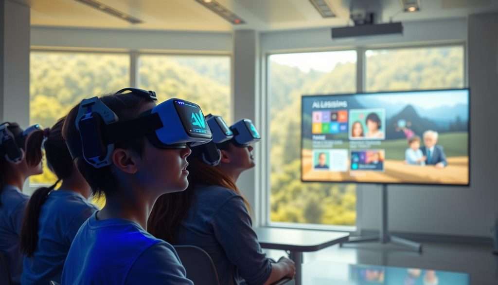 A futuristic classroom in a serene, minimalist setting. In the foreground, students wearing augmented reality headsets, their faces lit by the glow of holographic displays. The middle ground features a sleek, interactive whiteboard projecting vibrant digital lessons. In the background, large windows offer a tranquil view of a lush, verdant landscape, bathed in warm, natural lighting. The atmosphere is one of focused, immersive learning, blending cutting-edge technology with a calming, inspiring environment. A futuristic classroom in a serene, minimalist setting. In the foreground, students wearing augmented reality headsets, their faces lit by the glow of holographic displays. The middle ground features a sleek, interactive whiteboard projecting vibrant digital lessons. In the background, large windows offer a tranquil view of a lush, verdant landscape, bathed in warm, natural lighting. The atmosphere is one of focused, immersive learning, blending cutting-edge technology with a calming, inspiring environment.