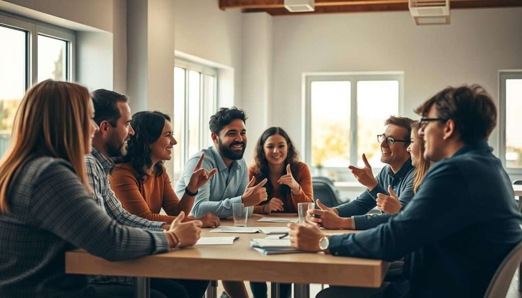A group of diverse individuals seated around a table, engaged in active discussion and collaborative learning. The scene is bathed in warm, natural lighting filtering through large windows, creating a cozy and welcoming atmosphere. The participants lean in, gesturing animatedly as they share ideas and insights, their expressions reflecting a sense of intellectual curiosity and camaraderie. In the background, the room is furnished with minimalist, modern decor, allowing the focus to remain on the collaborative process unfolding before the viewer. The overall composition conveys a sense of productive exchange, knowledge-sharing, and a collective drive to unlock new understanding.