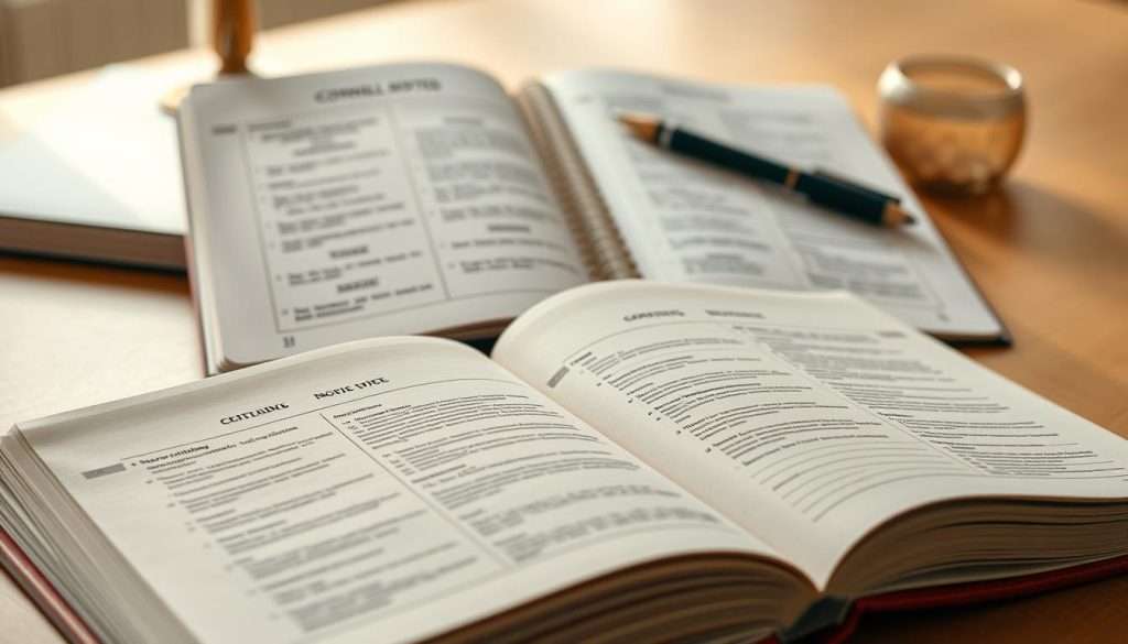 A meticulously crafted Cornell notes guide, showcasing its structured layout in a warm, earthy tone. In the foreground, crisp pages filled with neatly organized headings, subheadings, and columns, inviting the viewer to engage with the system. The middle ground features an open notebook, its pages illuminated by soft, natural lighting, highlighting the versatility of this note-taking method across different subject areas. In the background, a tasteful, minimalist desktop setup, creating a study-friendly atmosphere, emphasizing the guide's practical application. The overall composition conveys the effectiveness and adaptability of the Cornell note-taking technique, inspiring the reader to unlock their academic potential.