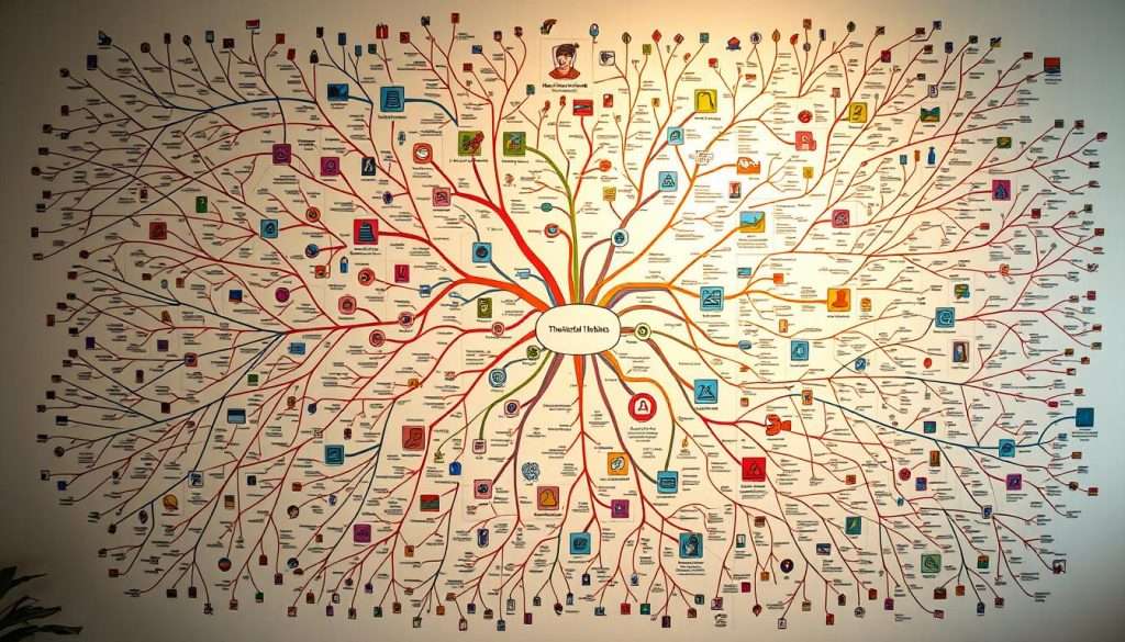 A meticulously detailed mind map unfurls across the frame, showcasing the interactive study habits that unlock creativity. In the foreground, intricate nodes and connections form a vibrant tapestry, illuminated by a warm, focused light that casts gentle shadows. The middle ground reveals layers of vibrant colors, organic shapes, and dynamic iconography, guiding the viewer through a maze of ideas. The background subtly fades into a soft, neutral tone, allowing the mind map to take center stage. The overall composition conveys a sense of depth, balance, and the power of visual thinking to revolutionize learning. A meticulously detailed mind map unfurls across the frame, showcasing the interactive study habits that unlock creativity. In the foreground, intricate nodes and connections form a vibrant tapestry, illuminated by a warm, focused light that casts gentle shadows. The middle ground reveals layers of vibrant colors, organic shapes, and dynamic iconography, guiding the viewer through a maze of ideas. The background subtly fades into a soft, neutral tone, allowing the mind map to take center stage. The overall composition conveys a sense of depth, balance, and the power of visual thinking to revolutionize learning.