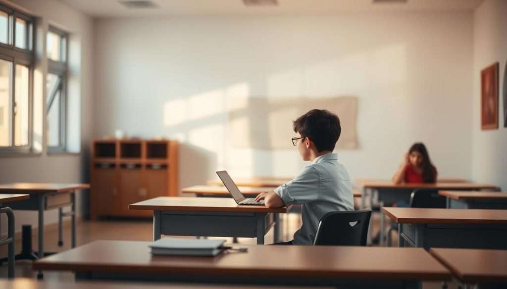 A minimalist classroom setting with a focused student seated at a desk, surrounded by subtle visual cues that reduce distractions. The room is bathed in warm, natural lighting filtering through large windows, creating a serene atmosphere conducive to concentration. The student's workspace is clean and uncluttered, with only the necessary stationery and a laptop or tablet. In the background, the walls are adorned with neutral-toned artwork or wall hangings that are visually appealing but not overpowering. The overall scene conveys a sense of tranquility and an environment optimized for productive, distraction-free learning.
