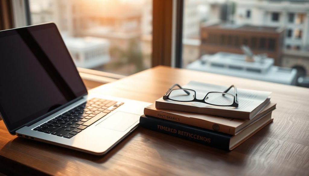 A minimalist workspace with a sleek laptop, a tablet, a pair of reading glasses, and a stack of books arranged neatly on a wooden desk. The scene is bathed in warm, diffused lighting, creating a cozy and focused atmosphere. In the background, a blurred cityscape or nature scene provides a calming backdrop. The overall composition suggests a harmonious balance between digital and analog tools, enabling efficient and engaging reading experiences. A minimalist workspace with a sleek laptop, a tablet, a pair of reading glasses, and a stack of books arranged neatly on a wooden desk. The scene is bathed in warm, diffused lighting, creating a cozy and focused atmosphere. In the background, a blurred cityscape or nature scene provides a calming backdrop. The overall composition suggests a harmonious balance between digital and analog tools, enabling efficient and engaging reading experiences.