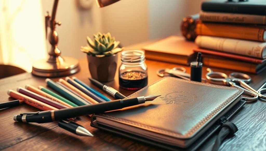 A neatly arranged collection of artful note-taking tools sits on a wooden table, bathed in warm, golden light. In the foreground, an elegant fountain pen, a set of vibrant colored pencils, and a leather-bound journal with intricate embossing. In the middle ground, a calligraphy brush, a glass jar of shimmering ink, and a pair of scissors with ornate handles. In the background, a vintage desk lamp casts a soft, ambient glow, while a potted succulent and a stack of well-worn books add a touch of natural elegance. The overall scene evokes a sense of creativity, thoughtfulness, and a love for the art of note-taking.