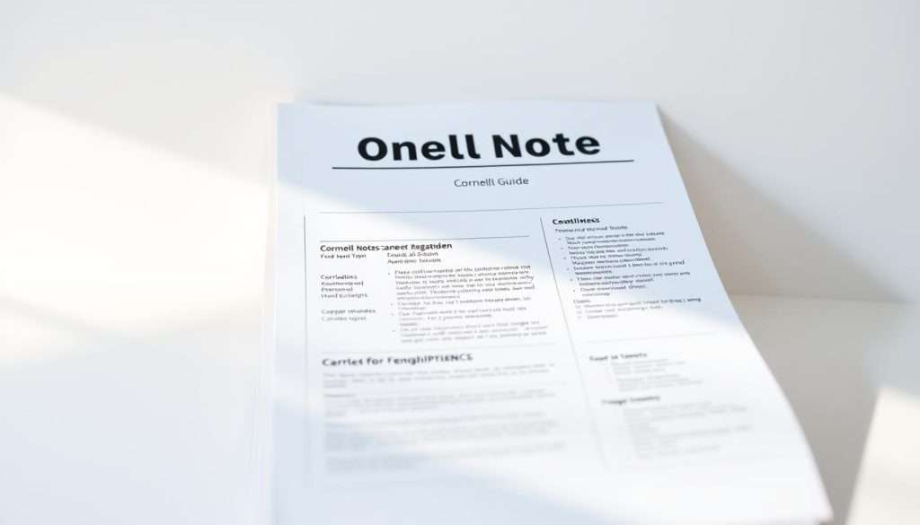 A neatly organized and visually appealing Cornell notes guide, featuring a crisp white background and clean typography. The guide's sections are clearly defined, with a prominent title and carefully structured layouts showcasing the core elements of the note-taking method. Warm, natural lighting casts a subtle glow, enhancing the legibility and overall aesthetic appeal. The guide's pages are presented at a slight angle, creating a sense of depth and inviting the viewer to engage with the content. The overall composition is balanced and harmonious, reflecting the efficiency and organization at the heart of the Cornell note-taking system.