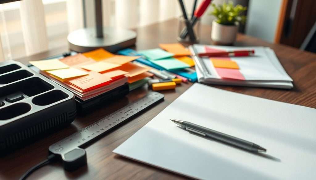 A neatly organized desk with a range of mind mapping materials, including colorful sticky notes, a pen, a ruler, and a sketchpad. The lighting is soft and natural, casting a warm glow over the scene. The camera angle is slightly elevated, providing a clear, unobstructed view of the various tools and supplies. The background is blurred, keeping the focus on the foreground elements. The overall atmosphere is one of productivity, creativity, and a sense of purposeful study.