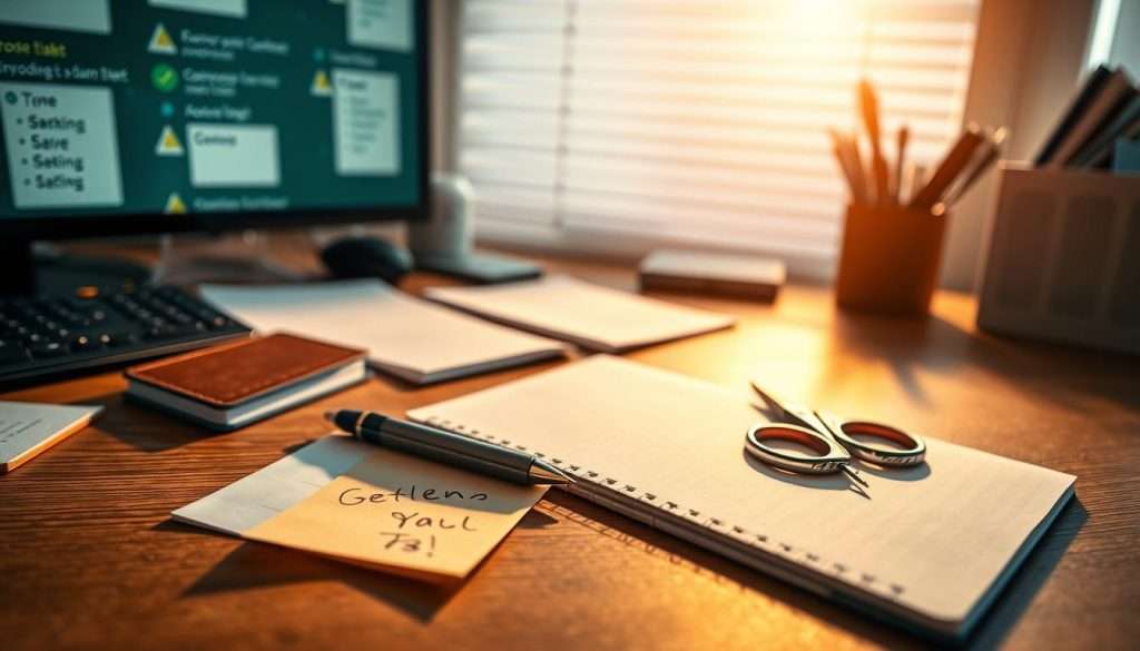A neatly organized office desk, its surface adorned with various task-related items - a pen, a notepad, a pair of scissors, and a sticky note with scribbled reminders. Soft, directional lighting from a nearby window casts a warm glow, highlighting the textures and details of the desk's contents. In the background, a visually appealing task board or digital interface displays incomplete tasks, their unfinished states drawing the viewer's attention. The overall atmosphere is one of focused productivity, with a sense of the Zeigarnik effect at work, urging the completion of the unfinished tasks.