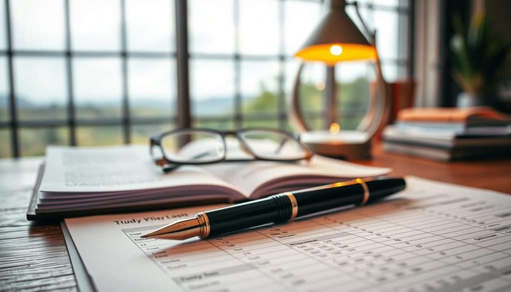 A neatly organized study plan adorns a wooden desk, its pages meticulously arranged. In the foreground, a fountain pen rests atop the plan, its elegant nib ready to jot down personalized notes and schedules. The middle ground features a pair of reading glasses, their frames reflecting the warm, diffused lighting from a nearby lamp. In the background, a large window frames a serene, natural landscape, hinting at the importance of balance and mindfulness in the study process. The overall atmosphere conveys a sense of focused productivity and personalized learning, perfectly suited for the "Creating Your Customized Mixed Study Plan" section.
