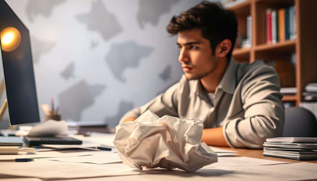 A person sitting at a desk, deep in thought, surrounded by scattered papers and a computer screen. The lighting is soft and warm, creating an atmosphere of concentration and determination. In the foreground, a crumpled piece of paper symbolizes a learning obstacle, while the person's expression conveys a sense of perseverance. In the middle ground, a bookshelf and various learning materials suggest the pursuit of knowledge. The background is hazy, representing the challenge of overcoming procrastination and staying focused. The overall scene captures the dedication and resilience required to overcome learning obstacles and stay motivated to learn every day.