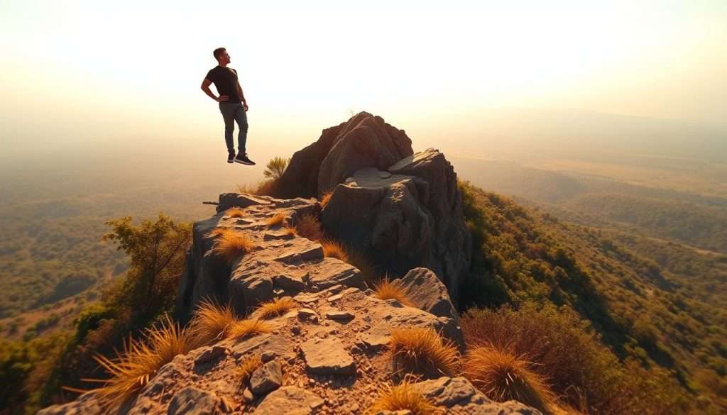 A person standing atop a rocky outcrop, gazing out over a vast, open landscape bathed in warm, golden light. The individual's silhouette is strong and determined, their posture signifying a sense of personal growth and overcoming obstacles. In the foreground, a winding path leads up to the peak, symbolizing the journey of continuous improvement. The middle ground is dotted with lush, verdant foliage, representing the gradual progress and resilience. In the distance, a hazy, ethereal horizon suggests the boundless potential that lies ahead, inspiring the viewer to keep striving. Captured through a wide-angle lens, this scene conveys a profound sense of achievement, inner strength, and the empowering notion of becoming 1% better every day. A person standing atop a rocky outcrop, gazing out over a vast, open landscape bathed in warm, golden light. The individual's silhouette is strong and determined, their posture signifying a sense of personal growth and overcoming obstacles. In the foreground, a winding path leads up to the peak, symbolizing the journey of continuous improvement. The middle ground is dotted with lush, verdant foliage, representing the gradual progress and resilience. In the distance, a hazy, ethereal horizon suggests the boundless potential that lies ahead, inspiring the viewer to keep striving. Captured through a wide-angle lens, this scene conveys a profound sense of achievement, inner strength, and the empowering notion of becoming 1% better every day.