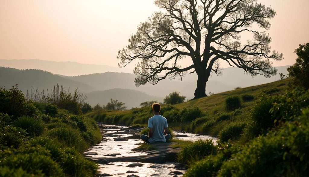 A serene and introspective learning experience set in a tranquil natural environment. In the foreground, a person sits cross-legged, deep in contemplation, surrounded by lush greenery and a gently flowing stream. The middle ground features a towering tree, its branches reaching skyward, symbolizing personal growth and the journey of learning. In the background, rolling hills and a soft, hazy sky create a calming, meditative atmosphere. The lighting is soft and diffused, casting a warm, golden glow that enhances the introspective mood. The overall scene conveys a sense of focus, resilience, and the overcoming of obstacles on the path to self-discovery. A serene and introspective learning experience set in a tranquil natural environment. In the foreground, a person sits cross-legged, deep in contemplation, surrounded by lush greenery and a gently flowing stream. The middle ground features a towering tree, its branches reaching skyward, symbolizing personal growth and the journey of learning. In the background, rolling hills and a soft, hazy sky create a calming, meditative atmosphere. The lighting is soft and diffused, casting a warm, golden glow that enhances the introspective mood. The overall scene conveys a sense of focus, resilience, and the overcoming of obstacles on the path to self-discovery.