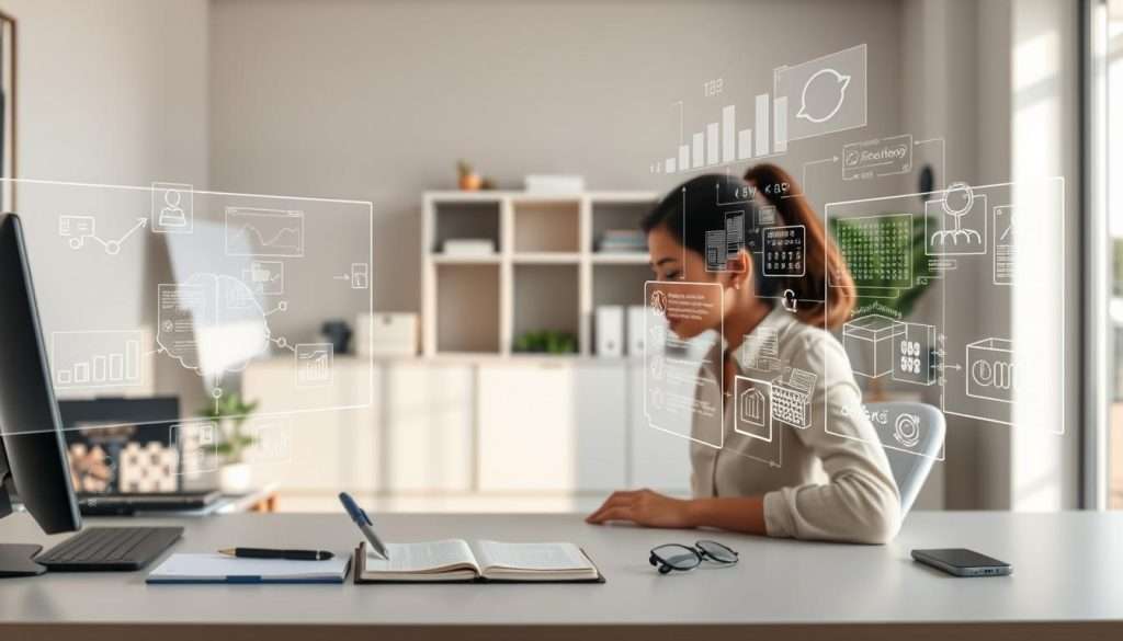A serene and organized workspace with a well-lit desk, showcasing the cognitive unloading process. In the foreground, a person sits focused, with a notebook, pen, and various digital devices arranged neatly. Floating holographic interfaces display information being sorted, categorized, and archived. The middle ground features shelves or storage units, symbolizing the efficient storage and retrieval of mental content. The background depicts a calming, minimalist environment, with soft lighting and natural elements, creating a sense of mental clarity and focus.